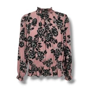 Adrienne Vittadini Pink Floral Smocked Long Sleeve Blouse – Size Large